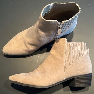 Unisa Tan Suede Pointed Ankle Booties with Side Zip